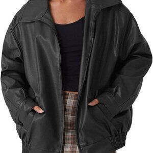 Womens Oversized Faux Leather Motocycle Jacket Zip Up Outwear Coat with Pockets